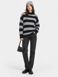 سویتر زنانه بافت راه راه مشکی و طوسی با یقه بسته