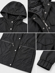 بارانی زنانه کلاهی پی لس مشکی با کمر کشی، دو جیب زیپی و دکمه فشاری