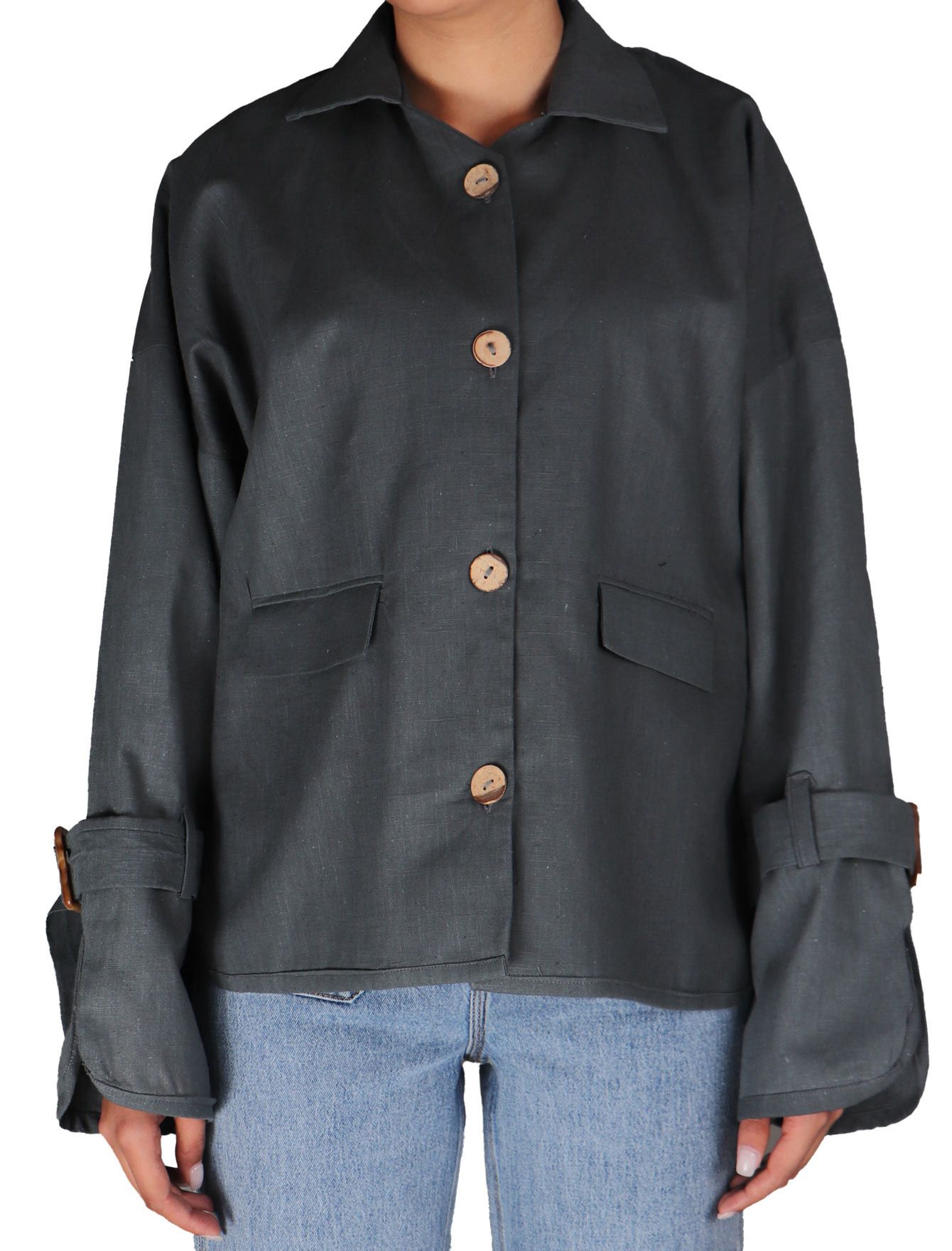 کت لینن زنانه دکمه چوبی طرح مینیمال