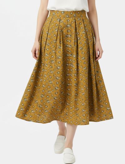 دامن ماکسی زنانه خردلی گل‌ دار