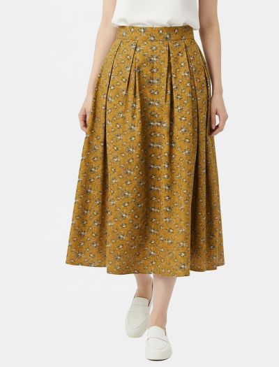 دامن ماکسی زنانه خردلی گل‌ دار