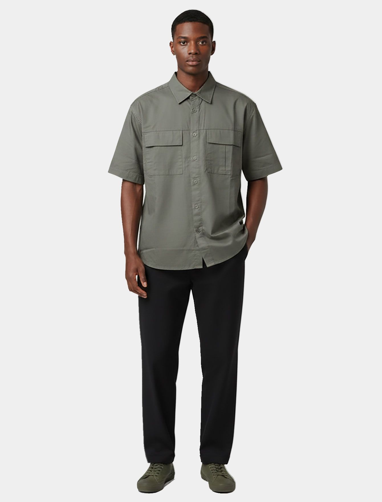 پیراهن کتان دو جیب آستین کوتاه