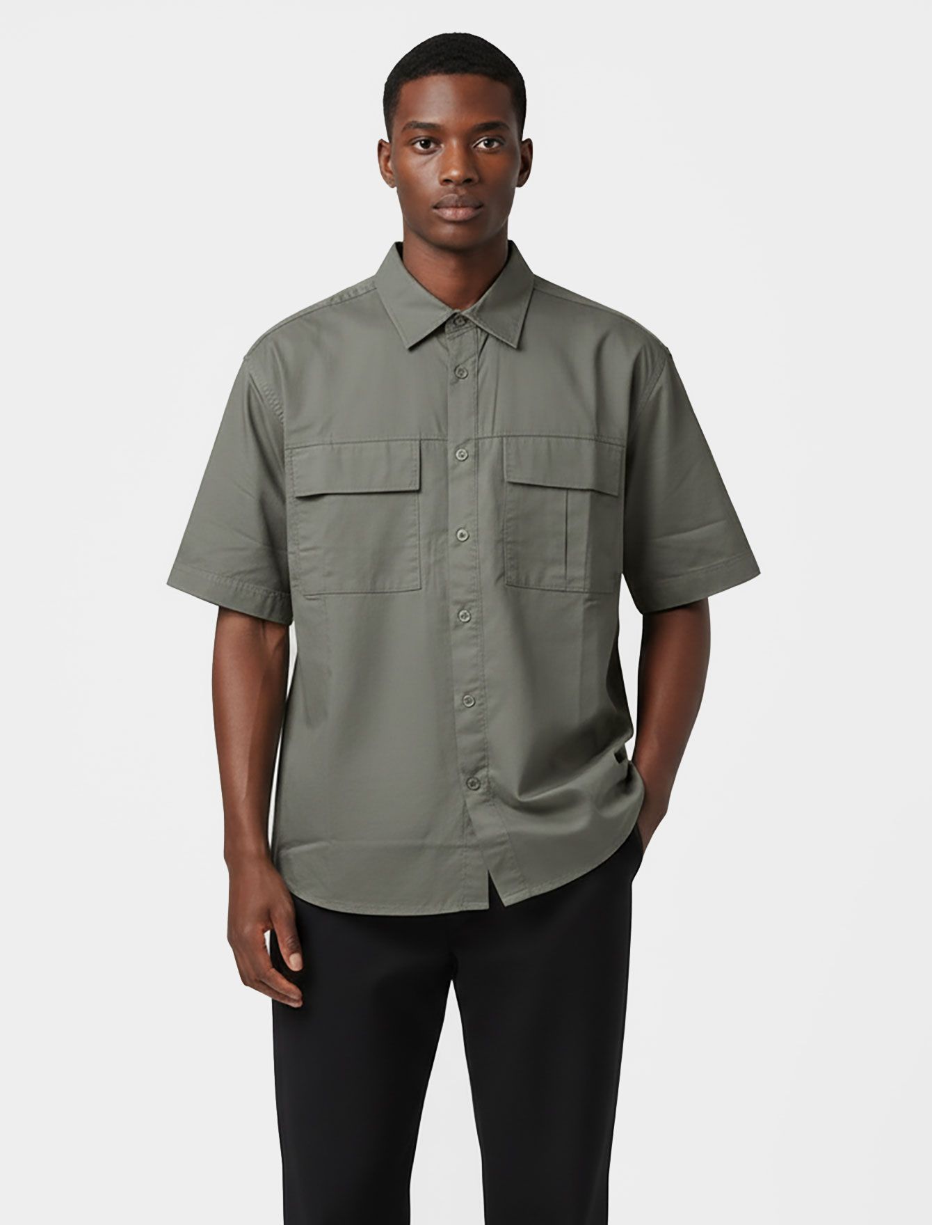 پیراهن کتان دو جیب آستین کوتاه